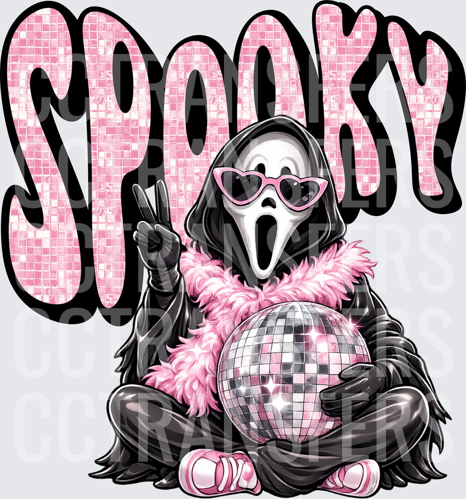 Spooky Ghost Mask Glam Disco Ball Peace Sign Pink Fur (DTF)