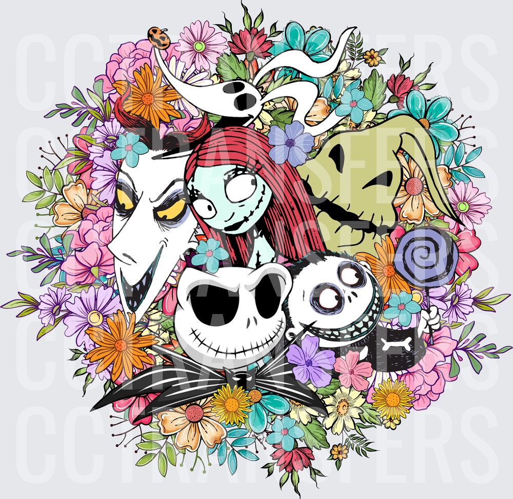 Spooky Halloween Characters Floral Wreath Collage (DTF)