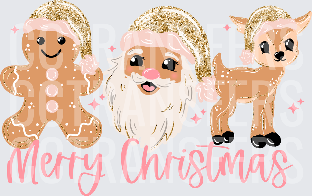 Merry Christmas Gingerbread Santa Reindeer Pink Gold (DTF)