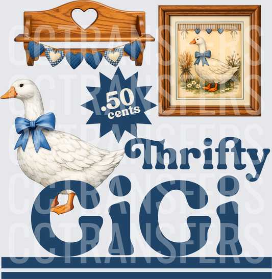 Thrifty GiGi White Goose Blue Bow Country Farmhouse (DTF)