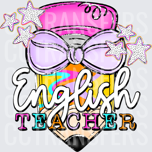 English Teacher Pencil with Bow and Stars (DTF)