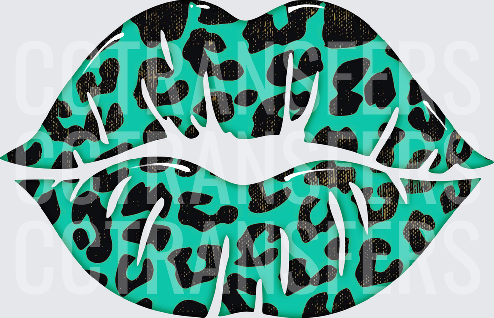 Teal Leopard Print Bold Lips Kiss Mark (DTF)