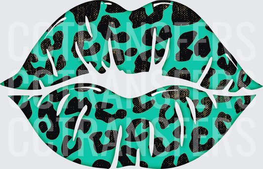 Teal Leopard Print Bold Lips Kiss Mark (DTF)