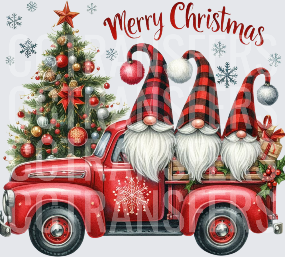 Merry Christmas Gnomes Red Vintage Truck Holiday Tree (DTF)