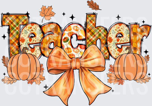 Fall Teacher Pumpkin Plaid Bow Autumn Leaves (DTF)
