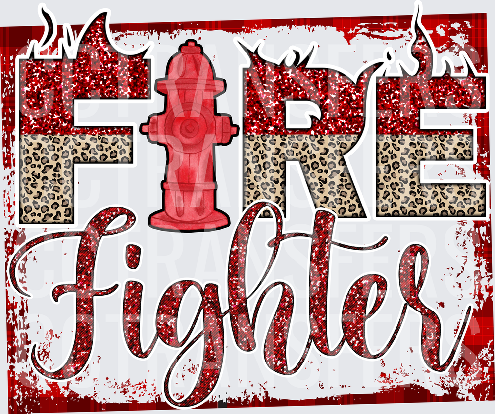 Fire Fighter Red Glitter Leopard Hydrant Design (DTF)