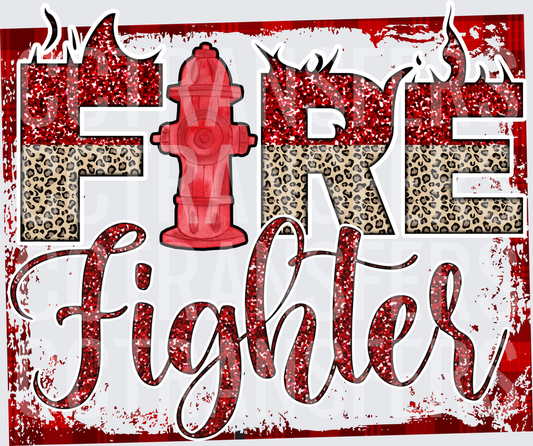 Fire Fighter Red Glitter Leopard Hydrant Design (DTF)