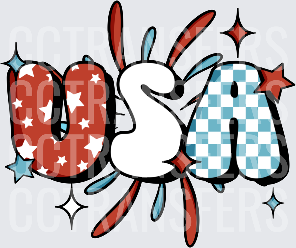 Groovy USA Graffiti Letters Stars Checkered Patriotic (DTF)