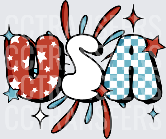 Groovy USA Graffiti Letters Stars Checkered Patriotic (DTF)