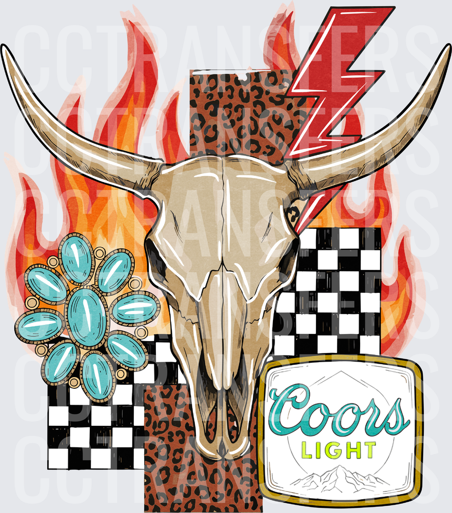 Western Bull Skull Flames Leopard Checker Turquoise Beer Can (DTF)