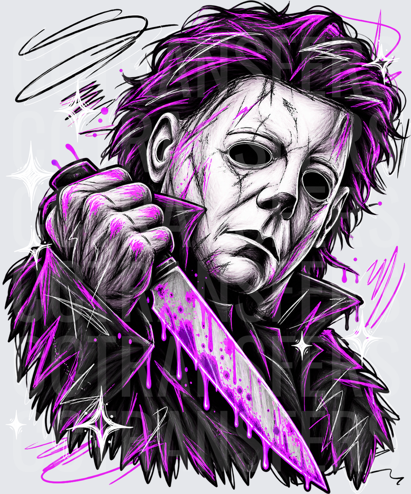 Neon Purple Horror Masked Killer Bloody Knife Sketch (DTF)