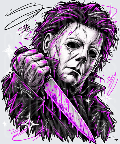 Neon Purple Horror Masked Killer Bloody Knife Sketch (DTF)