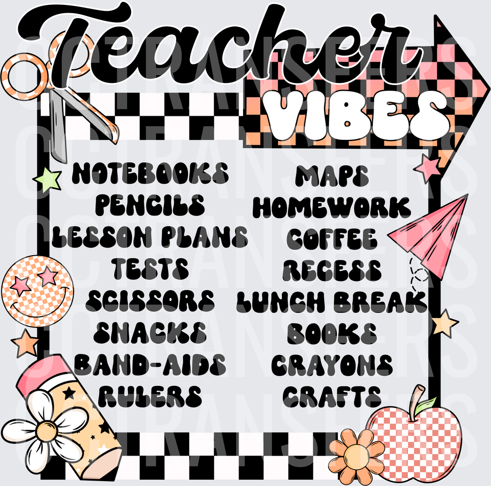 Teacher Vibes Checkered Arrow Classroom Supply List (DTF)