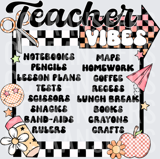 Teacher Vibes Checkered Arrow Classroom Supply List (DTF)