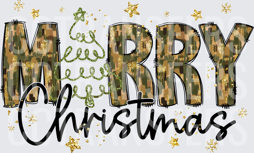 Merry Christmas Camo Letters Glitter Stars Holiday (DTF)