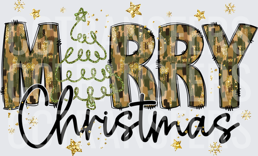 Merry Christmas Camo Letters Glitter Stars Holiday (DTF)