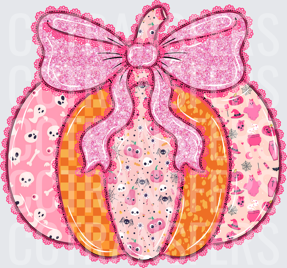 Pink Glitter Bow Patchwork Halloween Pumpkin (DTF)