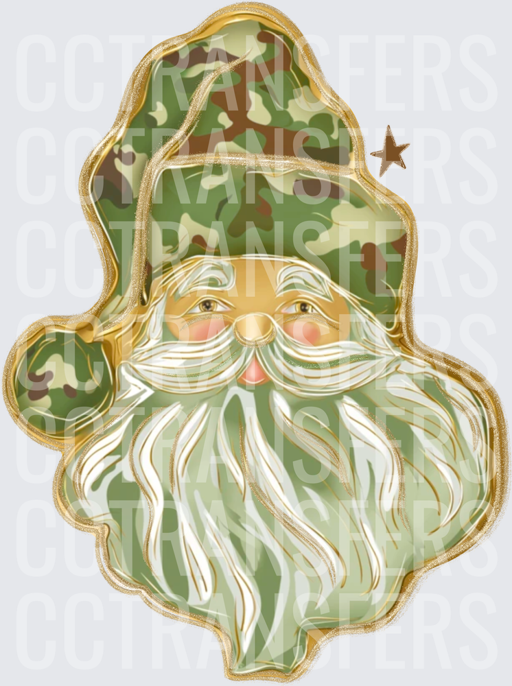 Camo Santa Claus Face Gold Outline Military Christmas (DTF)