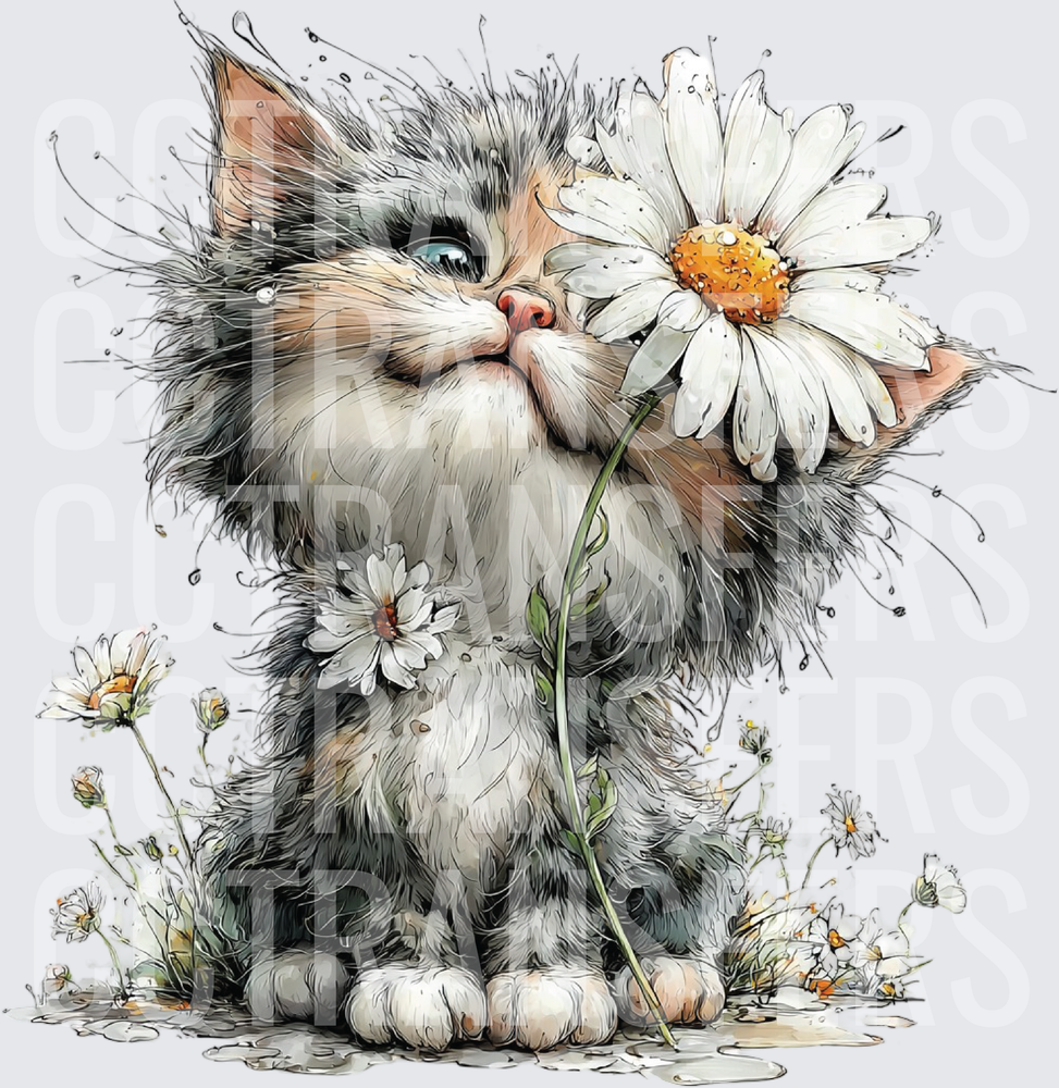 Fluffy Kitten Sniffing Giant Daisy Watercolor Art (DTF)