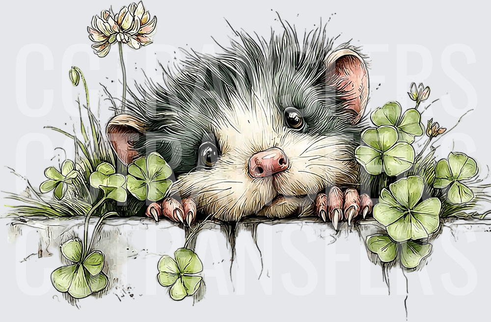 Cute Baby Opossum Peeking Over Edge With Clovers (DTF)