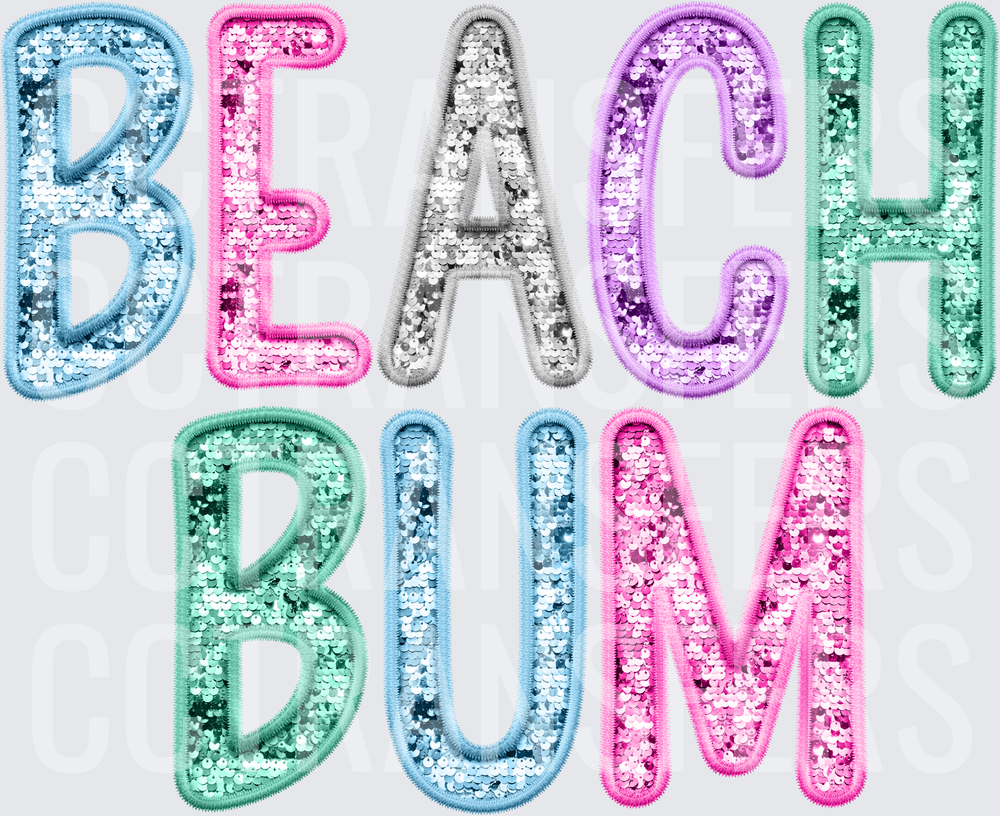 Beach Bum Colorful Sequin Patch Letter Design (DTF)