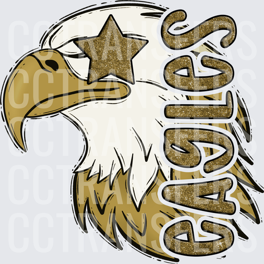 Gold Glitter Eagles Mascot Head with Star (DTF)