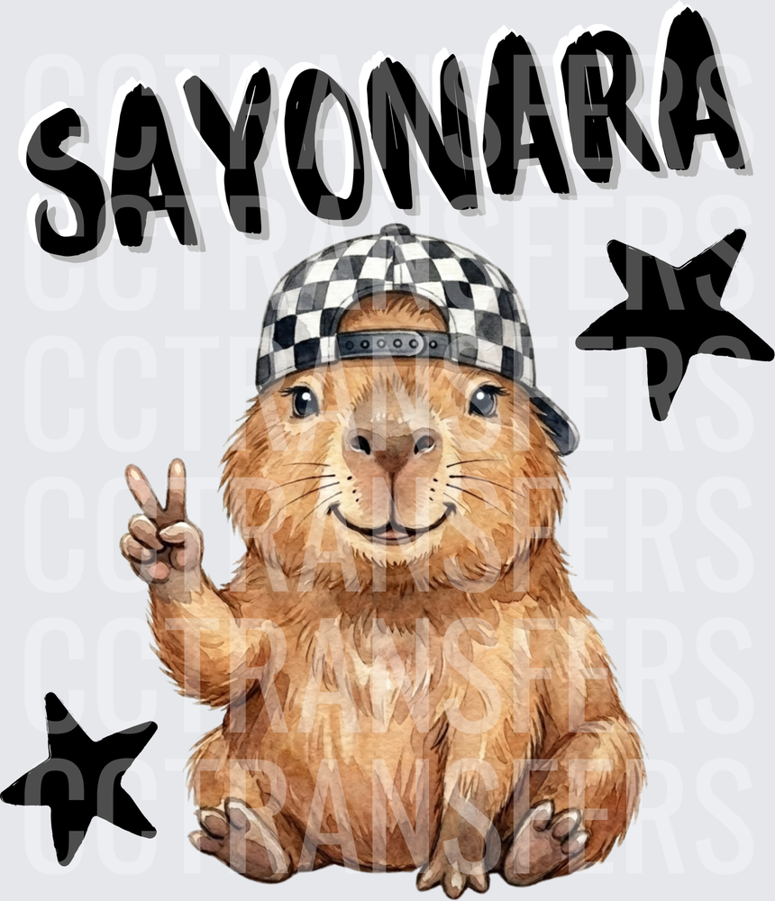 Sayonara Capybara Checkered Hat Peace Sign Stars (DTF)