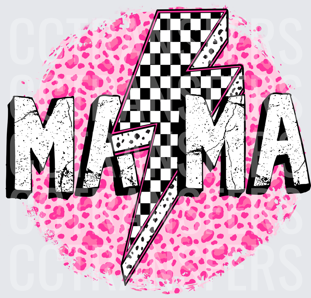 Mama Checkered Lightning Bolt Pink Leopard Grunge (DTF)