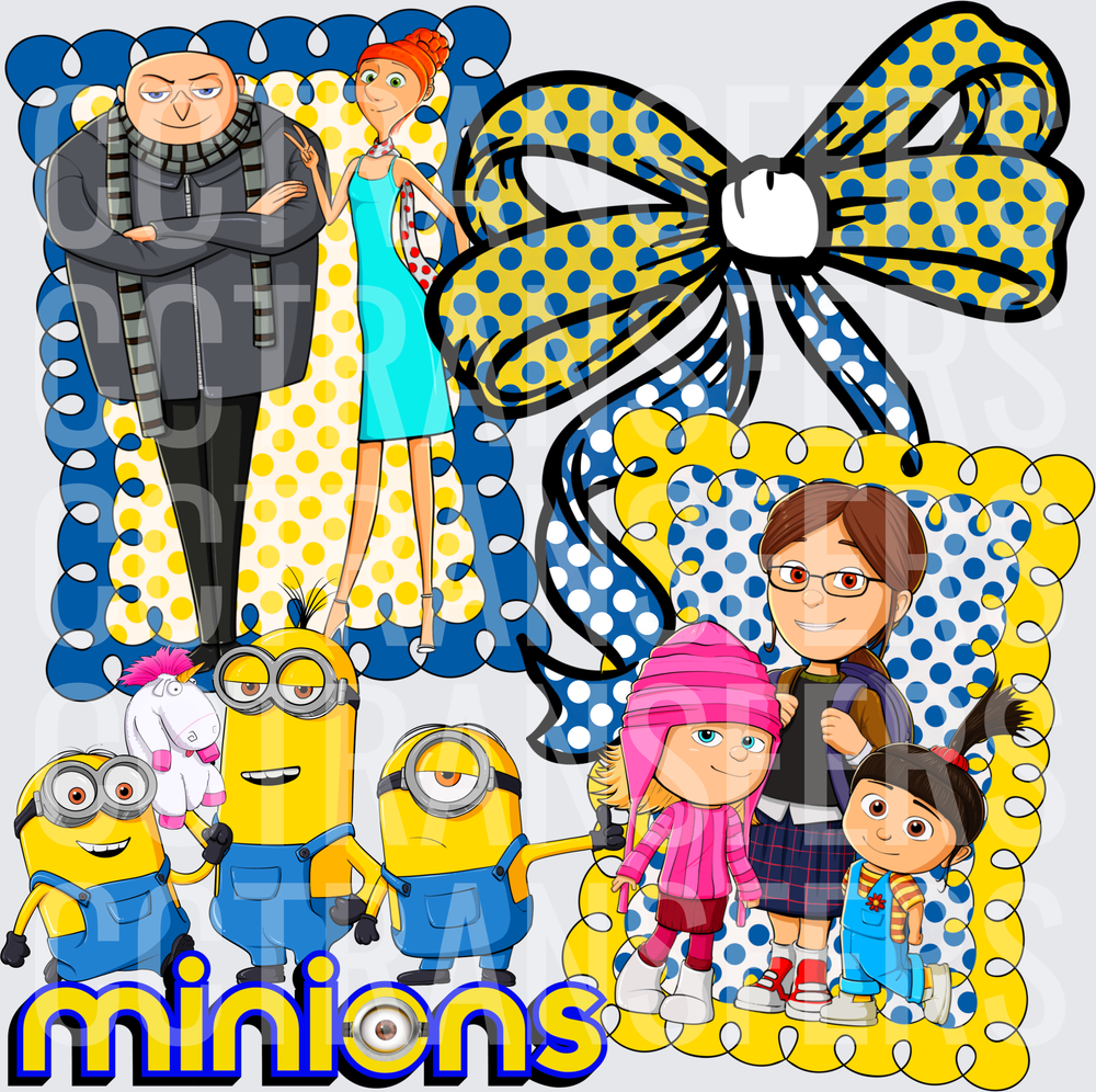 Animated Villain Family Yellow Creatures Blue Gold Bow DTF