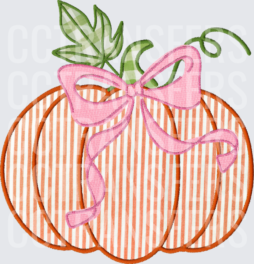 Striped Pumpkin with Pink Bow and Gingham Leaves (DTF)