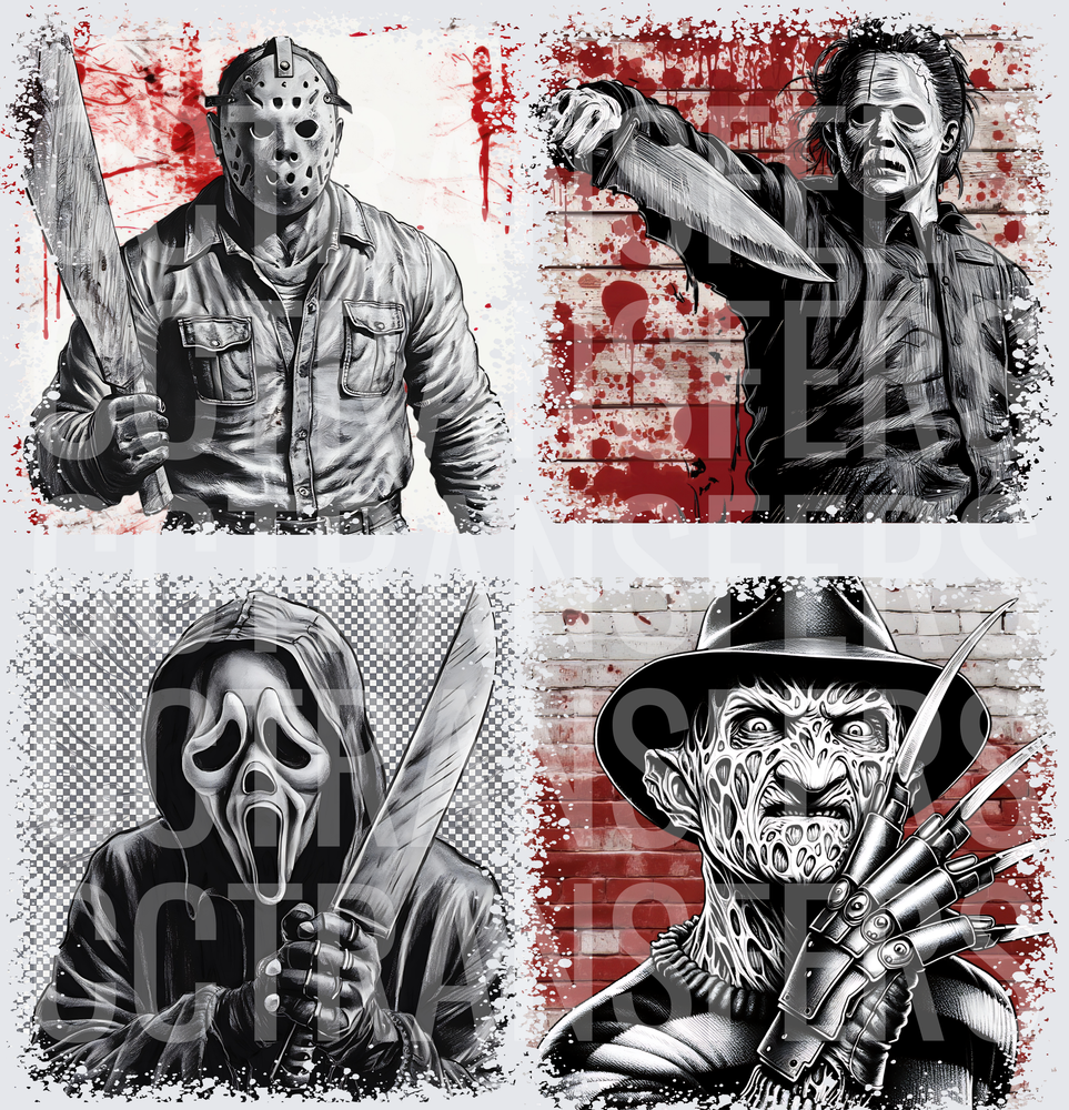 Classic Horror Slasher Villains Blood Splatter Four Panel (DTF)