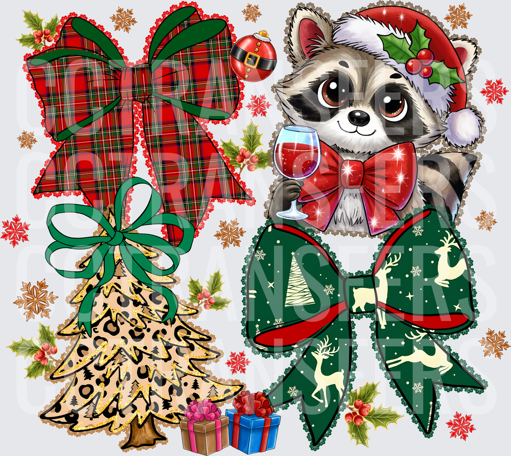 Christmas Raccoon Santa Hat Wine Bows Leopard Tree (DTF)