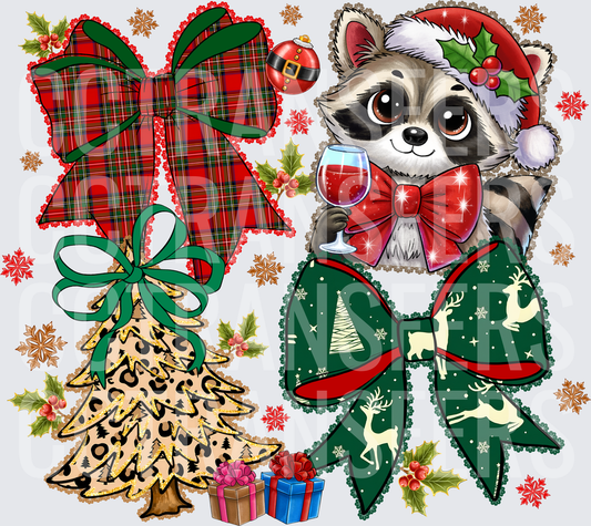 Christmas Raccoon Santa Hat Wine Bows Leopard Tree (DTF)