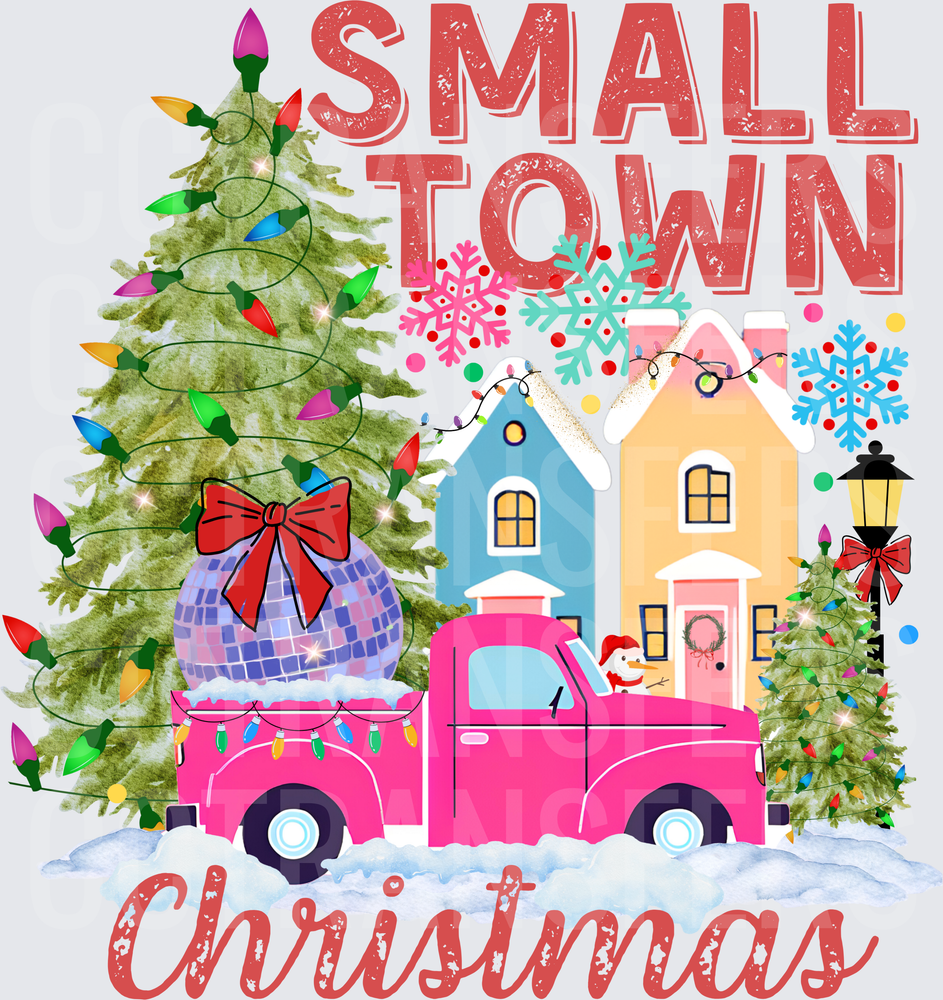 Small Town Christmas Pink Truck Disco Ball Snow Scene (DTF)