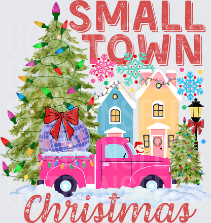 Small Town Christmas Pink Truck Disco Ball Snow Scene (DTF)