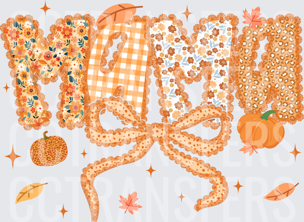 Fall Patchwork Lace Mama Bow Pumpkin Autumn Leaves (DTF)