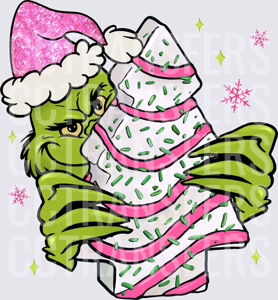 G-Man Pink Glitter Santa Hat Hugging Christmas Tree Cake (DTF)