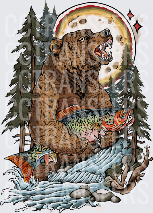 Roaring Grizzly Bear Catching Rainbow Trout Full Moon Forest (DTF)