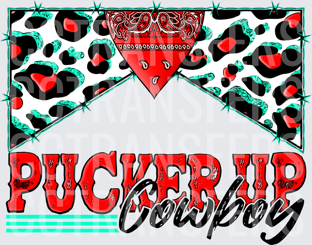 Pucker Up Cowboy Teal Leopard Red Bandana (DTF)