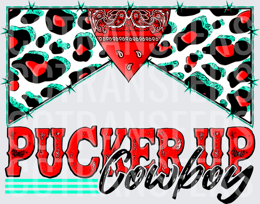 Pucker Up Cowboy Teal Leopard Red Bandana (DTF)