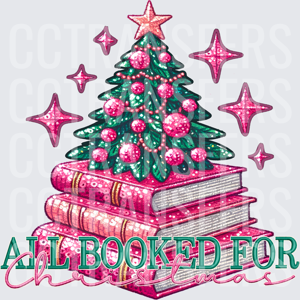 All Booked For Christmas Pink Glitter Book Stack Tree (DTF)