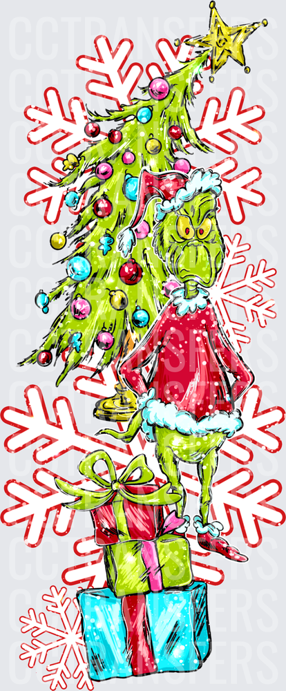 Grumpy Green Christmas Thief with Tree and Gifts (DTF)