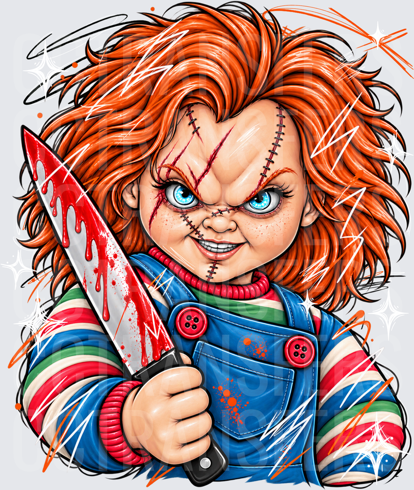 Scarred Killer Doll With Bloody Knife Horror Art (DTF)