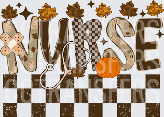 Fall Nurse Pumpkin Checkered Autumn Leaves Stethoscope (DTF)