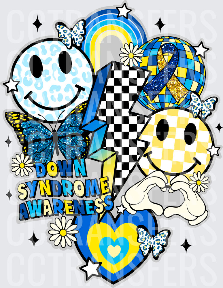 Down Syndrome Awareness Retro Smiley Collage Blue Yellow (DTF)