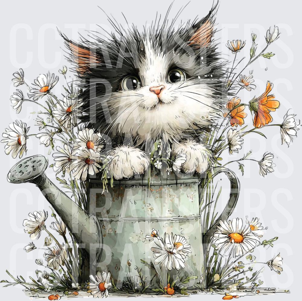 Fluffy Kitten Sitting in Rustic Watering Can with Daisies (DTF)