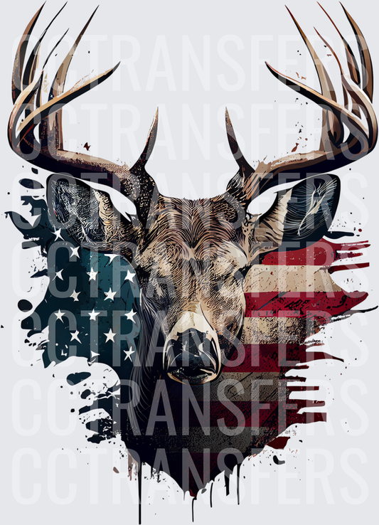 Whitetail Buck Portrait American Flag Grunge Splash (DTF)