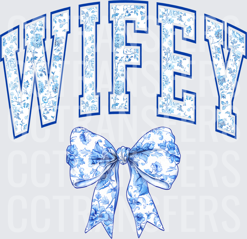 Wifey Blue Floral Varsity Letters with Bow (DTF)