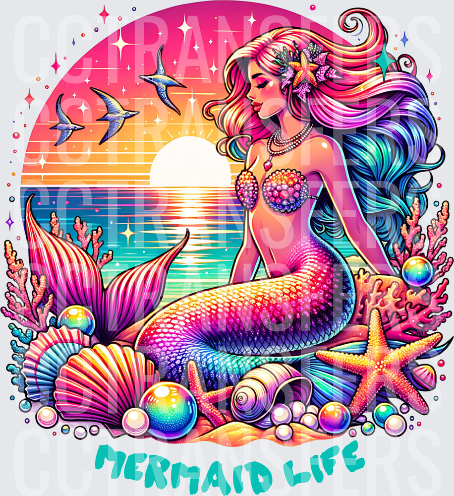 Mermaid Life Rainbow Mermaid Sunset Seashells Pearls (DTF)
