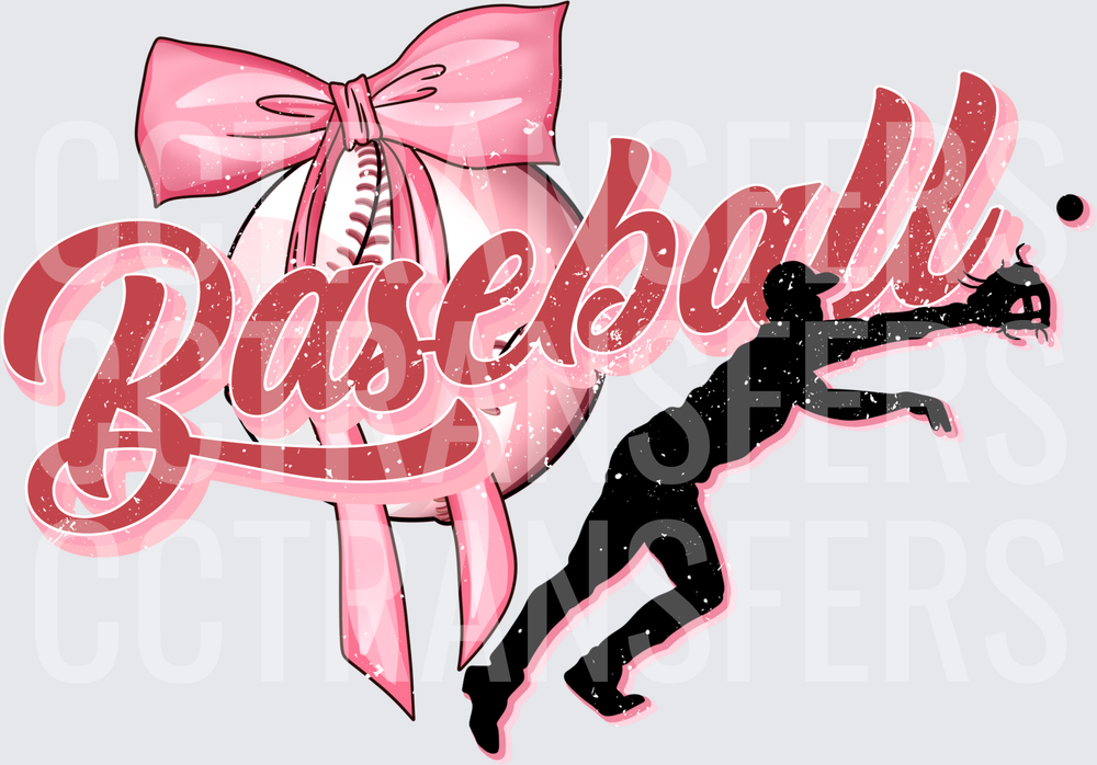 Baseball Pink Bow Ball Player Silhouette Catching (DTF)